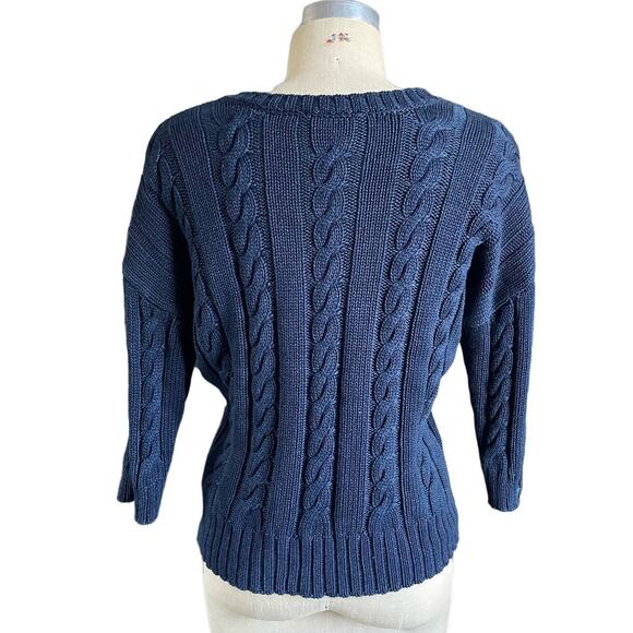Three Dots Cable Knit Cotton Short Sleeve Sweater in Navy Size Small - Picture 4 of 7